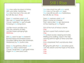 Still I Rise
You may write me down in history          You may shoot me with your words,
With your bitter, twisted lies,           You may cut me with your eyes,
You may trod me in the very dirt          You may kill me with your hatefulness,
But still, like dust, I'll rise.          But still, like air, I'll rise.

Does my sassiness upset you?              Does my sexiness upset you?
Why are you beset with gloom?             Does it come as a surprise
'Cause I walk like I've got oil wells     That I dance like I've got diamonds
Pumping in my living room.                At the meeting of my thighs?

Just like moons and like suns,            Out of the huts of history's shame
With the certainty of tides,              I rise
Just like hopes springing high,           Up from a past that's rooted in pain
Still I'll rise.                          I rise
                                          I'm a black ocean, leaping and wide,
Did you want to see me broken?            Welling and swelling I bear in the tide.
Bowed head and lowered eyes?              Leaving behind nights of terror and fear
Shoulders falling down like teardrops.    I rise
Weakened by my soulful cries.             Into a daybreak that's wondrously clear
                                          I rise
Does my haughtiness offend you?           Bringing the gifts that my ancestors gave,
Don't you take it awful hard              I am the dream and the hope of the slave.
'Cause I laugh like I've got gold mines   I rise
Diggin' in my own back yard.              I rise
                                          I rise.
 