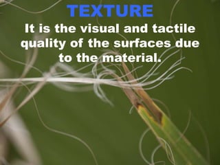 TEXTURE
It is the visual and tactile
quality of the surfaces due
to the material.
 