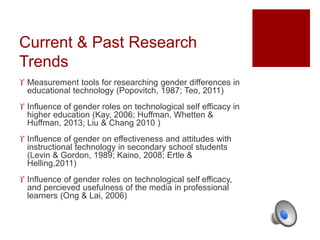 Current & Past Research 
Trends 
 Measurement tools for researching gender differences in 
educational technology (Popovitch, 1987; Teo, 2011) 
 Influence of gender roles on technological self efficacy in 
higher education (Kay, 2006; Huffman, Whetten & 
Huffman, 2013; Liu & Chang 2010 ) 
 Influence of gender on effectiveness and attitudes with 
instructional technology in secondary school students 
(Levin & Gordon, 1989; Kaino, 2008; Ertle & 
Helling,2011) 
 Influence of gender roles on technological self efficacy, 
and percieved usefulness of the media in professional 
learners (Ong & Lai, 2006) 
 