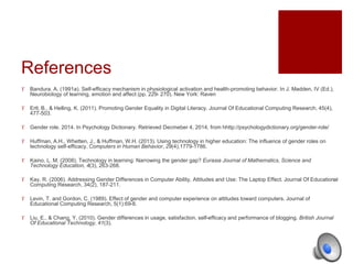 References 
 Bandura, A. (1991a). Self-efficacy mechanism in physiological activation and health-promoting behavior. In J. Madden, IV (Ed.), 
Neurobiology of learning, emotion and affect (pp. 229- 270). New York: Raven 
 Ertl, B., & Helling, K. (2011). Promoting Gender Equality in Digital Literacy. Journal Of Educational Computing Research, 45(4), 
477-503. 
 Gender role. 2014. In Psychology Dictionary. Retrieved Decmeber 4, 2014, from hhttp://psychologydictionary.org/gender-role/ 
 Huffman, A.H., Whetten, J., & Huffman, W.H. (2013). Using technology in higher education: The influence of gender roles on 
technology self-efficacy, Computers in Human Behavior, 29(4),1779-1786. 
 Kaino, L. M. (2008). Technology in learning: Narrowing the gender gap? Eurasia Journal of Mathematics, Science and 
Technology Education, 4(3), 263-268. 
 Kay, R. (2006). Addressing Gender Differences in Computer Ability, Attitudes and Use: The Laptop Effect. Journal Of Educational 
Computing Research, 34(2), 187-211. 
 Levin, T. and Gordon, C. (1989). Effect of gender and computer experience on attitudes toward computers. Journal of 
Educational Computing Research, 5(1):69-8. 
 Liu, E., & Chang, Y. (2010). Gender differences in usage, satisfaction, self-efficacy and performance of blogging. British Journal 
Of Educational Technology, 41(3). 
 