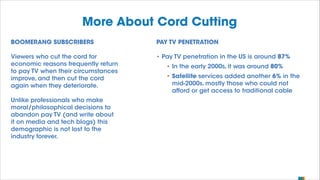 More About Cord Cutting
BOOMERANG SUBSCRIBERS

PAY TV PENETRATION

Viewers who cut the cord for
economic reasons frequentl...