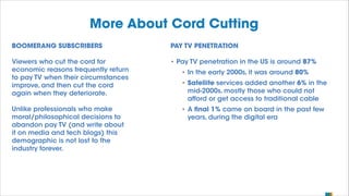 More About Cord Cutting
BOOMERANG SUBSCRIBERS

PAY TV PENETRATION

Viewers who cut the cord for
economic reasons frequentl...