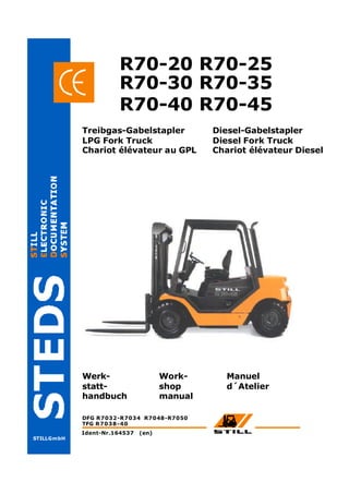 STILLGmbH
R70-20 R70-25
Werk-
statt-
handbuch
Work-
shop
manual
Manuel
d�Atelier
Treibgas-Gabelstapler
LPG Fork Truck
Chariot �l�vateur au GPL
Diesel-Gabelstapler
Diesel Fork Truck
Chariot �l�vateur Diesel
R70-30 R70-35
R70-40 R70-45
TFG R7038-40
DFG R7032-R7034 R7048-R7050
Ident-Nr.164537 (en)
 