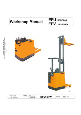 07/01 01
Copyright
protected.
No
part
of
this
manual
may
be
reproduced
in
any
form.
Copyright
reserved.
First issue: 08/03 Workshop-
Manual
Last revision: EFU/EFV Id. no.
Workshop Manual
EFU2000/3000
EFV125/160/200
30000
30001
8 054 341
 