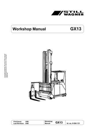 Workshop
Manual Id. no. 8 054 131
First Issue: 4/96
Last Revision: 8/98
Copyright
protected.
No
part
of
this
manual
may
be
reproduced
in
any
form.
Copyright
reserved.
GX13
5/
Workshop Manual GX13
 