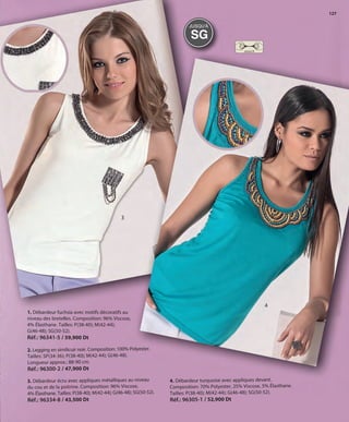 127
3
2. Legging en similicuir noir. Composition: 100% Polyester.
Tailles: SP(34-36); P(38-40); M(42-44); G(46-48).
Longueur approx.: 88-90 cm.
Réf.: 96300-2 / 47,900 Dt
1. Débardeur fuchsia avec motifs décoratifs au
niveau des bretelles. Composition: 96% Viscose,
4% Élasthane. Tailles: P(38-40); M(42-44);
G(46-48); SG(50-52).
Réf.: 96341-5 / 59,900 Dt
4
4. Débardeur turquoise avec appliques devant.
Composition: 70% Polyester, 25% Viscose, 5% Élasthane.
Tailles: P(38-40); M(42-44); G(46-48); SG(50-52).
Réf.: 96305-1 / 52,900 Dt
3. Débardeur écru avec appliques métalliques au niveau
du cou et de la poitrine. Composition: 96% Viscose,
4% Élasthane. Tailles: P(38-40); M(42-44); G(46-48); SG(50-52).
Réf.: 96334-8 / 43,500 Dt
SG
JUSQU'À
stretch
OK-126-127 MUJER TUNEZ STILO1:Maquetación 1 25/01/13 11:01 Página 2
 