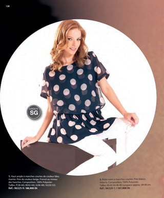 128
1
2. Robe noire à manches courtes. Pois blancs.
Volants. Composition: 100% Polyester.
Tailles: 40-42-44-46-48. Longueur approx.: 84-90 cm.
Réf.: 96329-1 / 107,900 Dt
1. Haut ample à manches courtes de couleur bleu
marine. Pois de couleur beige. Froncé au niveau
des hanches. Composition: 100% Polyester.
Tailles: P(38-40); M(42-44); G(46-48); SG(50-52).
Réf.: 96325-9 / 88,900 Dt
SG
JUSQUʼÀ
OK-128-129 MUJER TUNEZ STILO1:Maquetación 1 25/01/13 10:58 Página 1
 