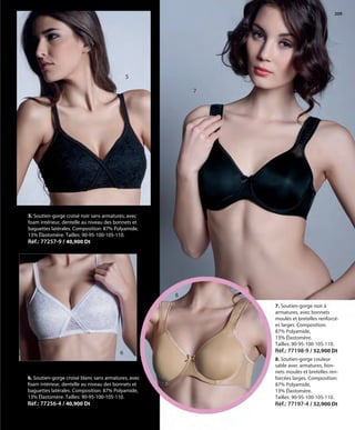 209
5. Soutien-gorge croisé noir sans armatures, avec
foam intérieur, dentelle au niveau des bonnets et
baguettes latérales. Composition: 87% Polyamide,
13% Élastomère. Tailles: 90-95-100-105-110.
Réf.: 77257-9 / 40,900 Dt
6. Soutien-gorge croisé blanc sans armatures, avec
foam intérieur, dentelle au niveau des bonnets et
baguettes latérales. Composition: 87% Polyamide,
13% Élastomère. Tailles: 90-95-100-105-110.
Réf.: 77256-4 / 40,900 Dt
7. Soutien-gorge noir à
armatures, avec bonnets
moulés et bretelles renforcé-
es larges. Composition:
87% Polyamide,
13% Élastomère.
Tailles: 90-95-100-105-110.
Réf.: 77198-9 / 52,900 Dt
5
6
7
8
8. Soutien-gorge couleur
sable avec armatures, bon-
nets moulés et bretelles ren-
forcées larges. Composition:
87% Polyamide,
13% Élastomère.
Tailles: 90-95-100-105-110.
Réf.: 77197-4 / 52,900 Dt
OK-208-209 BASICOS STILO1 TUNEZ:Maquetación 1 25/01/13 12:08 Página 2
 