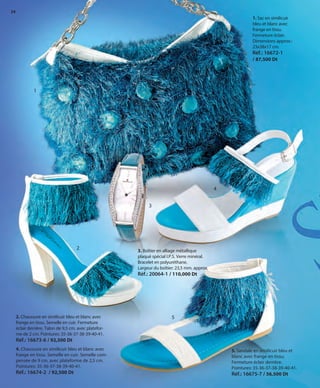 24
1
1. Sac en similicuir
bleu et blanc avec
frange en tissu.
Fermeture éclair.
Dimensions approx.:
23x38x17 cm.
Réf.: 16672-1
/ 87,500 Dt
3. Boîtier en alliage métallique
plaqué spécial I.P.S. Verre minéral.
Bracelet en polyuréthane.
Largeur du boîtier: 23,5 mm. approx.
Réf.: 20064-1 / 110,000 Dt
5. Sandale en similicuir bleu et
blanc avec frange en tissu.
Fermeture éclair derrière.
Pointures: 35-36-37-38-39-40-41.
Réf.: 16675-7 / 56,500 Dt
4. Chaussure en similicuir bleu et blanc avec
frange en tissu. Semelle en cuir. Semelle com-
pensée de 9 cm. avec plateforme de 2,5 cm.
Pointures: 35-36-37-38-39-40-41.
Réf.: 16674-2 / 92,500 Dt
2. Chaussure en similicuir bleu et blanc avec
frange en tissu. Semelle en cuir. Fermeture
éclair derrière. Talon de 9,5 cm. avec platefor-
me de 2 cm. Pointures: 35-36-37-38-39-40-41.
Réf.: 16673-6 / 92,500 Dt
2
4
5
3
OK-24-25 TÚNEZ COMP STILO1_Maquetación 1 24/01/13 20:11 Página 1
 