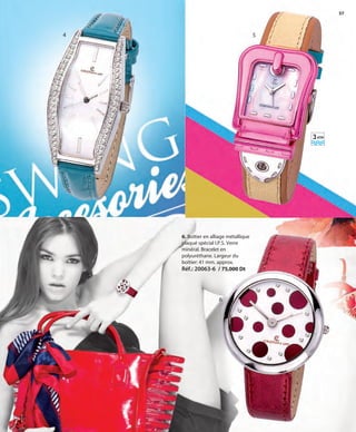 57
4 5
6
3ATM
6. Boîtier en alliage métallique
plaqué spécial I.P.S. Verre
minéral. Bracelet en
polyuréthane. Largeur du
boîtier: 41 mm. approx.
Réf.: 20063-6 / 75,000 Dt
OK-56-57 RELOJES STILO1 TUN_Maquetación 1 24/01/13 13:40 Página 2
 