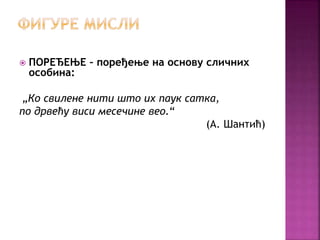  ПОРЕЂЕЊЕ – поређење на основу сличних 
особина: 
„Ко свилене нити што их паук сатка, 
по дрвећу виси месечине вео.“ 
(А. Шантић) 
 