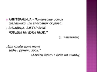  АЛИТЕРАЦИЈА - Понављање истих 
сугласника или гласовних скупова: 
„ ВИЈАВИЦА. ВЈЕТАР ВИЈЕ 
ЧОВЈЕКА НИ ВУКА НИЈЕ.’’ 
(Ј. Кaштелан) 
„Врх хриди црне трне 
задњи румени зрак.“ 
(Алекса Шантић Вече на шкољу) 
 