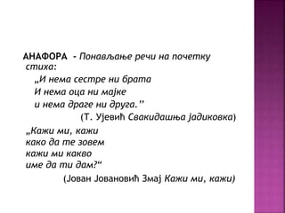 АНАФОРА - Понављање речи на почетку 
стиха: 
„И нема сестре ни брата 
И нема оца ни мајке 
и нема драге ни друга.’’ 
(Т. Ујевић Свакидашња јадиковка) 
„Кажи ми, кажи 
како да те зовем 
кажи ми какво 
име да ти дам?“ 
(Јован Јовановић Змај Кажи ми, кажи) 
 