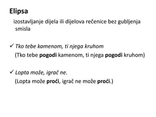 Elipsa 
izostavljanje dijela ili dijelova rečenice bez gubljenja 
smisla 
 Tko tebe kamenom, ti njega kruhom 
(Tko tebe pogodi kamenom, ti njega pogodi kruhom) 
 Lopta može, igrač ne. 
(Lopta može proći, igrač ne može proći.) 
 
