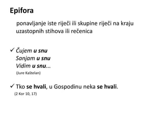 Epifora 
ponavljanje iste riječi ili skupine riječi na kraju 
uzastopnih stihova ili rečenica 
 Čujem u snu 
Sanjam u snu 
Vidim u snu... 
(Jure Kaštelan) 
 Tko se hvali, u Gospodinu neka se hvali. 
(2 Kor 10, 17) 
 