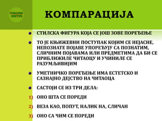 КОМПАРАЦИЈА
СТИЛСКА ФИГУРА КОЈА СЕ ЈОШ ЗОВЕ ПОРЕЂЕЊЕ
ТО ЈЕ КЊИЖЕВНИ ПОСТУПАК КОЈИМ СЕ НЕЈАСНЕ,
НЕПОЗНАТЕ ПОЈАВЕ УПОРЕЂУЈУ СА ПОЗНАТИМ,
СЛИЧНИМ ПОЈАВАМА ИЛИ ПРЕДМЕТИМА ДА БИ СЕ
ПРИБЛИЖИЛЕ ЧИТАОЦУ И УЧИНИЛЕ СЕ
РАЗУМЉИВИЈИМ
УМЕТНИЧКО ПОРЕЂЕЊЕ ИМА ЕСТЕТСКО И
САЗНАЈНО ДЕЈСТВО НА ЧИТАОЦА
САСТОЈИ СЕ ИЗ ТРИ ДЕЛА:
1) ОНО ШТА СЕ ПОРЕДИ
2) ВЕЗА КАО, ПОПУТ, НАЛИК НА, СЛИЧАН
3) ОНО СА ЧИМ СЕ ПОРЕДИ
 