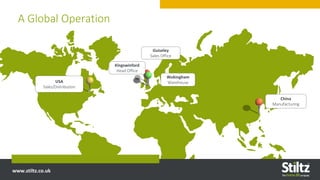 www.stiltz.co.uk
A Global Operation
Kingswinford
Head Office
Guiseley
Sales Office
Wokingham
WarehouseUSA
Sales/Distribution
China
Manufacturing
www.stiltz.co.uk
 
