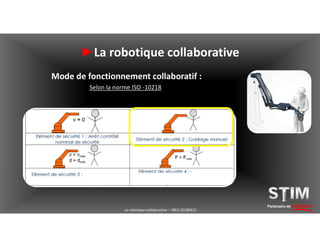 Partenaire de solutions
►La robotique collaborative
Mode de fonctionnement collaboratif :
Selon la norme ISO -10218
La robotique collaborative – YBEA 20180413
 