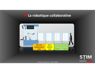 Zone
d’Arrêt
0%
Zone
réduite
25%
Zone normale de
fonctionnement
100%
Zone de
collaboration
10%
Partenaire de solutions
►La robotique collaborative
La robotique collaborative – YBEA 20180413
 
