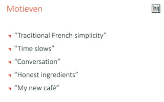 “Traditional French simplicity”
“Time slows”
“Conversation”
“Honest ingredients”
“My new café”
Motieven
 