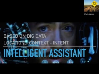 INTELLIGENT ASSISTANT
BASED ON BIG DATA
LOCATION - CONTEXT - INTENT
Zuck Jarvis
 