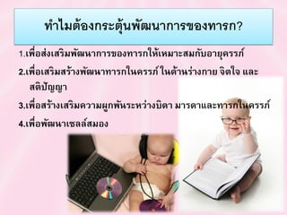 ทำไมต้องกระตุ้นพัฒนำกำรของทำรก?
1.เพื่อส่งเสริมพัฒนาการของทารกให้เหมาะสมกับอายุครรภ์
2.เพื่อเสริมสร้างพัฒนาทารกในครรภ์ ในด้านร่างกาย จิตใจ และ
สติปัญญา
3.เพื่อสร้างเสริมความผูกพันระหว่างบิดา มารดาและทารกในครรภ์
4.เพื่อพัฒนาเซลล์สมอง
 