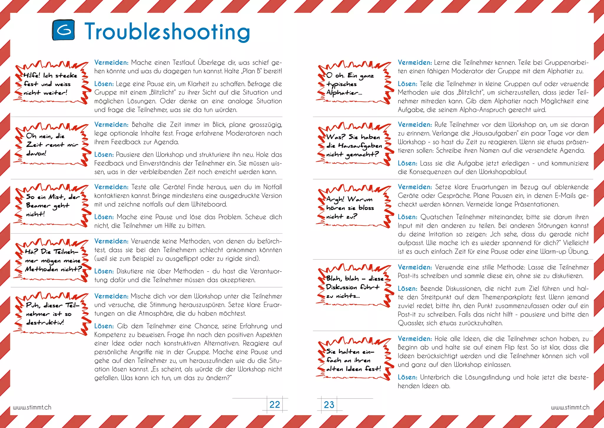 23
Troubleshooting
Vermeiden: Mache einen Testlauf. Überlege dir, was schief ge-
hen könnte und was du dagegen tun kannst. Halte „Plan B“ bereit!
Lösen: Lege eine Pause ein, um Klarheit zu schaffen. Befrage die
Gruppe mit einem „Blitzlicht“ zu ihrer Sicht auf die Situation und
möglichen Lösungen. Oder denke an eine analoge Situation
und frage die Teilnehmer, was sie da tun würden.
Vermeiden: Behalte die Zeit immer im Blick, plane grosszügig,
lege optionale Inhalte fest. Frage erfahrene Moderatoren nach
ihrem Feedback zur Agenda.
Lösen: Pausiere den Workshop und strukturiere ihn neu. Hole das
Feedback und Einverständnis der Teilnehmer ein. Sie müssen wis-
sen, was in der verbleibenden Zeit noch erreicht werden kann.
Vermeiden: Teste alle Geräte! Finde heraus, wen du im Notfall
kontaktieren kannst. Bringe mindestens eine ausgedruckte Version
mit und zeichne notfalls auf dem Whiteboard.
Lösen: Mache eine Pause und löse das Problem. Scheue dich
nicht, die Teilnehmer um Hilfe zu bitten.
Vermeiden: Verwende keine Methoden, von denen du befürch-
test, dass sie bei den Teilnehmern schlecht ankommen könnten
(weil sie zum Beispiel zu ausgeflippt oder zu rigide sind).
Lösen: Diskutiere nie über Methoden - du hast die Verantwor-
tung dafür und die Teilnehmer müssen das akzeptieren.
Vermeiden: Mische dich vor dem Workshop unter die Teilnehmer
und versuche, die Stimmung herauszuspüren. Setze klare Erwar-
tungen an die Atmosphäre, die du haben möchtest.
Lösen: Gib dem Teilnehmer eine Chance, seine Erfahrung und
Kompetenz zu beweisen. Frage ihn nach den positiven Aspekten
einer Idee oder nach konstruktiven Alternativen. Reagiere auf
persönliche Angriffe nie in der Gruppe. Mache eine Pause und
gehe auf den Teilnehmer zu, um herauszufinden wie du die Situ-
ation lösen kannst. „Es scheint, als würde dir der Workshop nicht
gefallen. Was kann ich tun, um das zu ändern?“
Vermeiden: Lerne die Teilnehmer kennen. Teile bei Gruppenarbei-
ten einen fähigen Moderator der Gruppe mit dem Alphatier zu.
Lösen: Teile die Teilnehmer in kleine Gruppen auf oder verwende
Methoden wie das „Blitzlicht“, um sicherzustellen, dass jeder Teil-
nehmer mitreden kann. Gib dem Alphatier nach Möglichkeit eine
Aufgabe, die seinem Alpha-Anspruch gerecht wird.
Vermeiden: Rufe Teilnehmer vor dem Workshop an, um sie daran
zu erinnern. Verlange die „Hausaufgaben“ ein paar Tage vor dem
Workshop - so hast du Zeit zu reagieren. Wenn sie etwas präsen-
tieren sollen: Schreibe ihren Namen auf die versendete Agenda.
Lösen: Lass sie die Aufgabe jetzt erledigen - und kommuniziere
die Konsequenzen auf den Workshopablauf.
Vermeiden: Setze klare Erwartungen im Bezug auf ablenkende
Geräte oder Gespräche. Plane Pausen ein, in denen E-Mails ge-
checkt werden können. Vermeide lange Präsentationen.
Lösen: Quatschen Teilnehmer miteinander, bitte sie darum ihren
Input mit den anderen zu teilen. Bei anderen Störungen kannst
du deine Irritation so zeigen: „Ich sehe, dass du gerade nicht
aufpasst. Wie mache ich es wieder spannend für dich?“ Vielleicht
ist es auch einfach Zeit für eine Pause oder eine Warm-up Übung.
Vermeiden: Verwende eine stille Methode: Lasse die Teilnehmer
Post-its schreiben und sammle diese ein, ohne sie zu diskutieren.
Lösen: Beende Diskussionen, die nicht zum Ziel führen und hal-
te den Streitpunkt auf dem Themenparkplatz fest. Wenn jemand
zuviel redet, bitte ihn, den Punkt zusammenzufassen oder auf ein
Post-it zu schreiben. Falls das nicht hilft - pausiere und bitte den
Quassler, sich etwas zurückzuhalten.
Vermeiden: Hole alle Ideen, die die Teilnehmer schon haben, zu
Beginn ab und halte sie auf einem Flip fest. So ist klar, dass die
Ideen berücksichtigt werden und die Teilnehmer können sich voll
und ganz auf den Workshop einlassen.
Lösen: Unterbrich die Lösungsfindung und hole jetzt die beste-
henden Ideen ab.
www.stimmt.chwww.stimmt.ch
Hilfe! Ich stecke
fest und weiss
nicht weiter!
0 oh. Ein ganz
typisches
Alphatier...
Was? Sie haben
die Hausaufgaben
nicht gemacht?
Argh! Warum
hören sie bloss
nicht zu?
Blah, blah - diese
Diskussion führt
zu nichts...
Sie halten ein-
fach an ihren
alten Ideen fest!
0h nein, die
Zeit rennt mir
davon!
So ein Mist, der
Beamer geht
nicht!
Hä? Die Teilneh-
mer mögen meine
Methoden nicht?
Puh, dieser Teil-
nehmer ist so
destruktiv!
22
G
 
