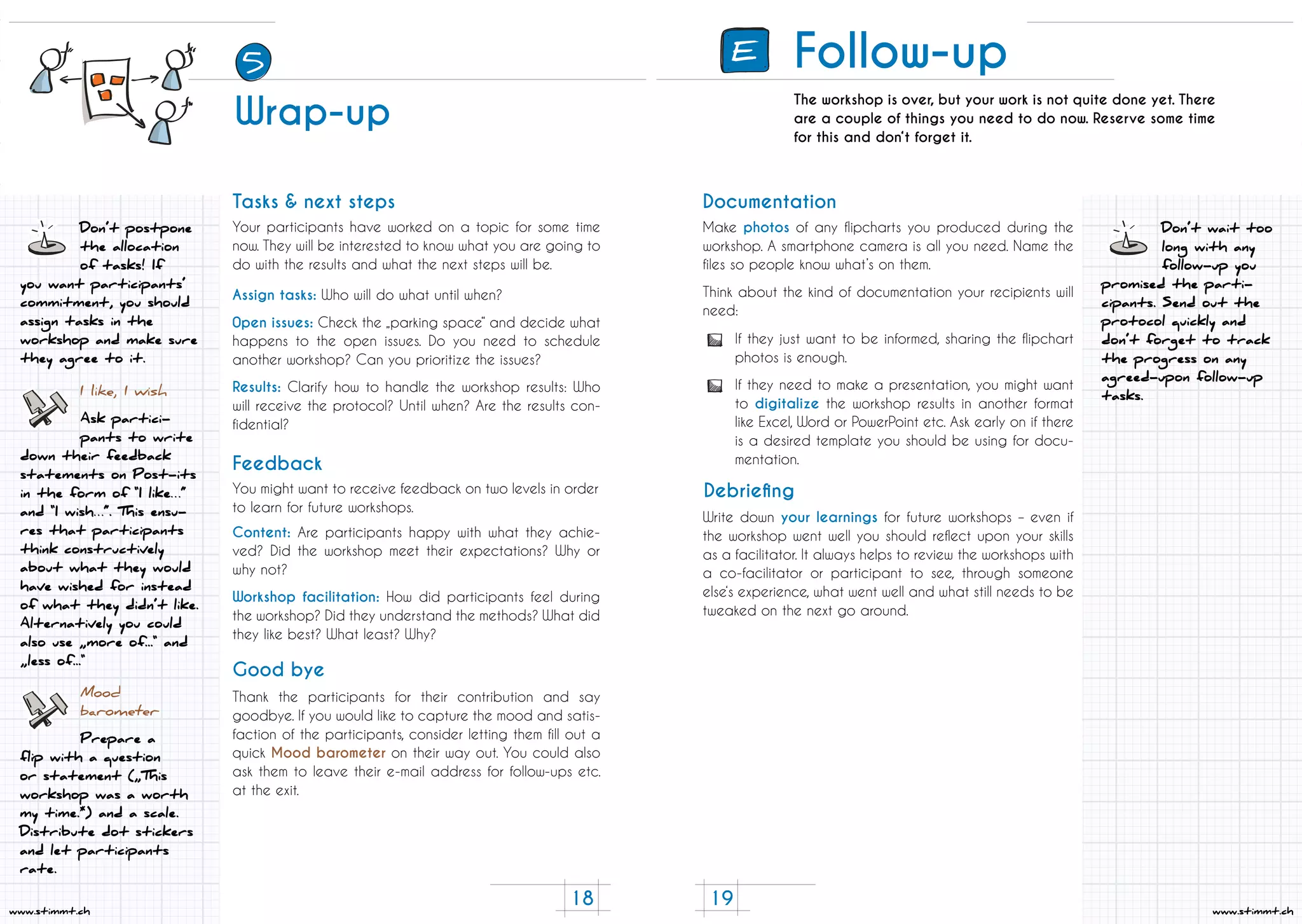 19
www.stimmt.ch
18
www.stimmt.ch
Your participants have worked on a topic for some time
now. They will be interested to know what you are going to
do with the results and what the next steps will be.
You might want to receive feedback on two levels in order
to learn for future workshops.
Thank the participants for their contribution and say
goodbye. If you would like to capture the mood and satis-
faction of the participants, consider letting them fill out a
quick Mood barometer on their way out. You could also
ask them to leave their e-mail address for follow-ups etc.
at the exit.
I like, I wish
Ask partici-
pants to write
down their feedback
statements on Post-its
in the form of “I like…”
and “I wish…”. This ensu-
res that participants
think constructively
about what they would
have wished for instead
of what they didn’t like.
Alternatively you could
also use „more of...“ and
„less of...“
Tasks & next steps
Feedback
Good bye
Mood
barometer
Prepare a
flip with a question
or statement („This
workshop was a worth
my time.*) and a scale.
Distribute dot stickers
and let participants
rate.
Assign tasks: Who will do what until when?
0pen issues: Check the „parking space“ and decide what
happens to the open issues. Do you need to schedule
another workshop? Can you prioritize the issues?
Results: Clarify how to handle the workshop results: Who
will receive the protocol? Until when? Are the results con-
fidential?
Content: Are participants happy with what they achie-
ved? Did the workshop meet their expectations? Why or
why not?
Workshop facilitation: How did participants feel during
the workshop? Did they understand the methods? What did
they like best? What least? Why?
Don’t postpone
the allocation
of tasks! If
you want participants’
commitment, you should
assign tasks in the
workshop and make sure
they agree to it.
Follow-up
The workshop is over, but your work is not quite done yet. There
are a couple of things you need to do now. Reserve some time
for this and don‘t forget it.
Make photos of any flipcharts you produced during the
workshop. A smartphone camera is all you need. Name the
files so people know what’s on them.
Think about the kind of documentation your recipients will
need:
Don’t wait too
long with any
follow-up you
promised the parti-
cipants. Send out the
protocol quickly and
don’t forget to track
the progress on any
agreed-upon follow-up
tasks.
Write down your learnings for future workshops – even if
the workshop went well you should reflect upon your skills
as a facilitator. It always helps to review the workshops with
a co-facilitator or participant to see, through someone
else‘s experience, what went well and what still needs to be
tweaked on the next go around.
Documentation
Debriefing
If they just want to be informed, sharing the flipchart
photos is enough.
If they need to make a presentation, you might want
to digitalize the workshop results in another format
like Excel, Word or PowerPoint etc. Ask early on if there
is a desired template you should be using for docu-
mentation.
E
Wrap-up
5
 