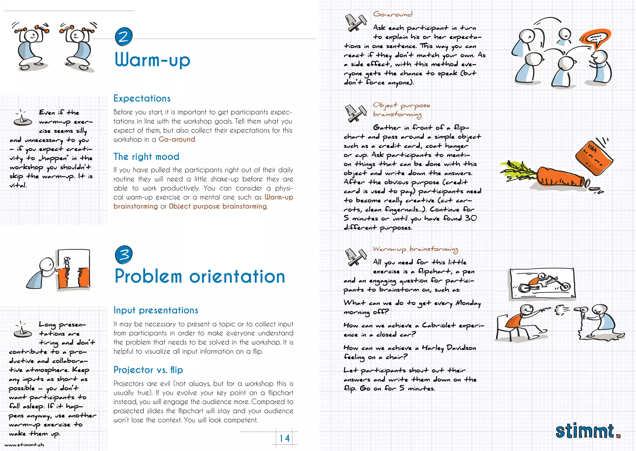 14
www.stimmt.ch
Warm-up
Warm-up
Before you start, it is important to get participants expec-
tations in line with the workshop goals. Tell them what you
expect of them, but also collect their expectations for this
workshop in a Go-around.
If you have pulled the participants right out of their daily
routine they will need a little shake-up before they are
able to work productively. You can consider a physi-
cal warm-up exercise or a mental one such as Warm-up
brainstorming or 0bject purpose brainstorming.
Expectations
The right mood
Long presen-
tations are
tiring and don’t
contribute to a pro-
ductive and collabora-
tive atmosphere. Keep
any inputs as short as
possible – you don’t
want participants to
fall asleep. If it hap-
pens anyway, use another
warm-up exercise to
wake them up.
Even if the
warm-up exer-
cise seems silly
and unnecessary to you
- if you expect creati-
vity to „happen“ in the
workshop you shouldn‘t
skip the warm-up. It is
vital.
It may be necessary to present a topic or to collect input
from participants in order to make everyone understand
the problem that needs to be solved in the workshop. It is
helpful to visualize all input information on a flip.
Projectors are evil (not always, but for a workshop this is
usually true). If you evolve your key point on a flipchart
instead, you will engage the audience more. Compared to
projected slides the flipchart will stay and your audience
won’t lose the context. You will look competent.
Input presentations
Projector vs. flip
0bject purpose
brainstorming
Gather in front of a flip-
chart and pass around a simple object
such as a credit card, coat hanger
or cup. Ask participants to menti-
on things that can be done with this
object and write down the answers.
After the obvious purpose (credit
card is used to pay) participants need
to become really creative (cut car-
rots, clean fingernails...). Continue for
5 minutes or until you have found 30
different purposes.
Go-around
Ask each participant in turn
to explain his or her expecta-
tions in one sentence. This way you can
react if they don’t match your own. As
a side effect, with this method eve-
ryone gets the chance to speak (but
don’t force anyone).
Warm-up brainstorming
All you need for this little
exercise is a flipchart, a pen
and an engaging question for partici-
pants to brainstorm on, such as:
What can we do to get every Monday
morning off?
How can we achieve a Cabriolet experi-
ence in a closed car?
How can we achieve a Harley Davidson
feeling on a chair?
Let participants shout out their
answers and write them down on the
flip. Go on for 5 minutes.
2
Problem orientation
3
 