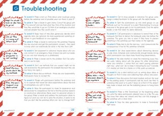 23
Troubleshooting
To avoid it: Make a test run. Think about what could go wrong
before the workshop and of possible ways out. Have a „plan B.“
To solve it: Take a break to gain clarity. Consult the group with
a “Go-around” and ask them what they think of the situation and
how they would like to go on. Or think of an analogous situation
and ask people how they would solve it.
To avoid it: Keep track of time, plan generously, decide which
agenda items are optional. Ask more experienced workshop pl-
anners to give feedback on your agenda.
To solve it: Make a break to restructure the workshop. Propose
the new structure and get the participants‘ consent – they need
to know what can realistically be done in the time that is left.
To avoid it: Test equipment in advance. Inquire about who you
can contact in an emergency. Have at least one print out ready
so you can start drawing on a whiteboard.
To solve it: Make a break and fix the problem. Don’t be asha-
med to ask for help.
To avoid it: Don’t use methods that you suspect might not be
well-received by the participants (for example because they are
too fancy, too rigid,...).
To solve it: Never discuss methods – those are your responsibility.
Participants have to accept this.
To avoid it: Mingle with participants before the workshop and
try to capture their mood. Set clear expectations about the kind
of atmosphere you wish to have.
To solve it: Allow the participant to share his experience and
demonstrate his competence. Ask him to find the positive aspects
or constructive alternatives. Never react to personal attacks in
the group. Make a break and address the participant alone to
figure out what you can do to solve the situation. „It seems to me
that you don‘t like the workshop. What can I do to change that?“
To avoid it: Get to know people in advance. For group works
assign a skilled facilitator to the group with the alpha leader.
To solve it: Split the participants up into small groups or use
methods such as “Go-around” or a silent “Brainstorming” to ensure
everyone in the group gets a turn to participate. Give the alpha
leader a task that meets his alpha demands.
To avoid it: Call participants in advance to remind them of the
homework. Ask them to deliver the homework some time before the
workshop. This gives you time to react. If they have to present
something in the workshop: put their names on the agenda.
To solve it: Make time to do the task now – and communicate the
consequences it has for the workshop schedule.
To avoid it: Set clear expectations about distracting devices
or side chats. Schedule and communicate enough breaks during
which participants can check mails. Avoid long presentations.
To solve it: Ask side-chatters to share the interesting issues they
are surely talking about with the group. For other distractions,
voice your irritation: „I notice that you aren‘t paying attention
right now – what can I do to make it interesting for you?“ Consider
if it’s maybe just time for a break or a little warm-up exercise.
To avoid it: Use a silent method such as writing down ideas or
thoughts on Post-it notes and collecting them without discussion.
To solve it: Stop discussions that lead nowhere and put the issue
on the parking space. If participants talk too much, ask them to
summarize their point or to write it down on a Post-it. If this doesn’t
help, make a break and ask the babbling person to hang back
a bit.
To avoid it: Make a little “braindump” at the beginning where
you write the ideas participants already have on a flip. This way
they know their ideas are valued and they can fully engage in
the workshop with a clear mind.
To solve it: Stop the idea generation to make a “braindump”
right away.
Help! I‘m stuck! I
have no idea how
to go on!
0h - typical
case of alpha
leader...
What? They
didn‘t do their
homework!
Argh! How can I
make them pay
attention?
Blah, blah - this
discussion doesn‘t
go anywhere
They just stick
with their old
ideas!
0h no! Time
is running out!
What now?
Crap - the
projector is
not working!
Huh? Partici-
pants don‘t like
my methods.
Puh, this par-
ticipant is so
destructive!
22
G
www.stimmt.chwww.stimmt.ch
 