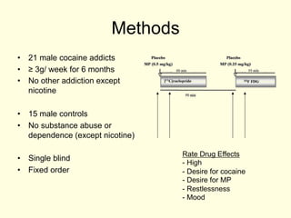 Methods
•  21 male cocaine addicts
•  ≥ 3g/ week for 6 months
•  No other addiction except
   nicotine

•  15 male controls
•  No substance abuse or
   dependence (except nicotine)

                                   Rate Drug Effects
•  Single blind
                                   -  High
•  Fixed order                     -  Desire for cocaine
                                   -  Desire for MP
                                   -  Restlessness
                                   -  Mood
 