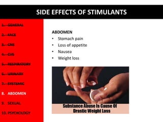 1. GENERAL 
2. FACE 
3. CNS 
4. CVS 
5. RESPIRATORY 
6. URINARY 
7. SYSTEMIC 
8. ABDOMEN 
9. SEXUAL 
10. PSYCHOLOGY 
SIDE EFFECTS OF STIMULANTS 
ABDOMEN 
• Stomach pain 
• Loss of appetite 
• Nausea 
• Weight loss 
 