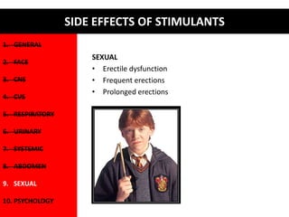 1. GENERAL 
2. FACE 
3. CNS 
4. CVS 
5. RESPIRATORY 
6. URINARY 
7. SYSTEMIC 
8. ABDOMEN 
9. SEXUAL 
10. PSYCHOLOGY 
SIDE EFFECTS OF STIMULANTS 
SEXUAL 
• Erectile dysfunction 
• Frequent erections 
• Prolonged erections 
 
