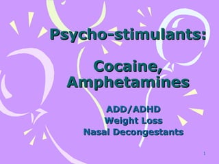 Psycho-stimulants: Cocaine, Amphetamines ADD/ADHD Weight Loss Nasal Decongestants 