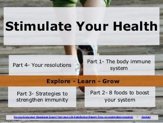 Stimulate Your Health
Part 1- The body immune
system
Part 4- Your resolutions
Part 2- 8 foods to boost
your system
Part 3- Strategies to
strengthen immunity
Explore - Learn - Grow
Do you know your Happiness Score? Get your Life Satisfaction Report. Free, no registration required. I Contact
 