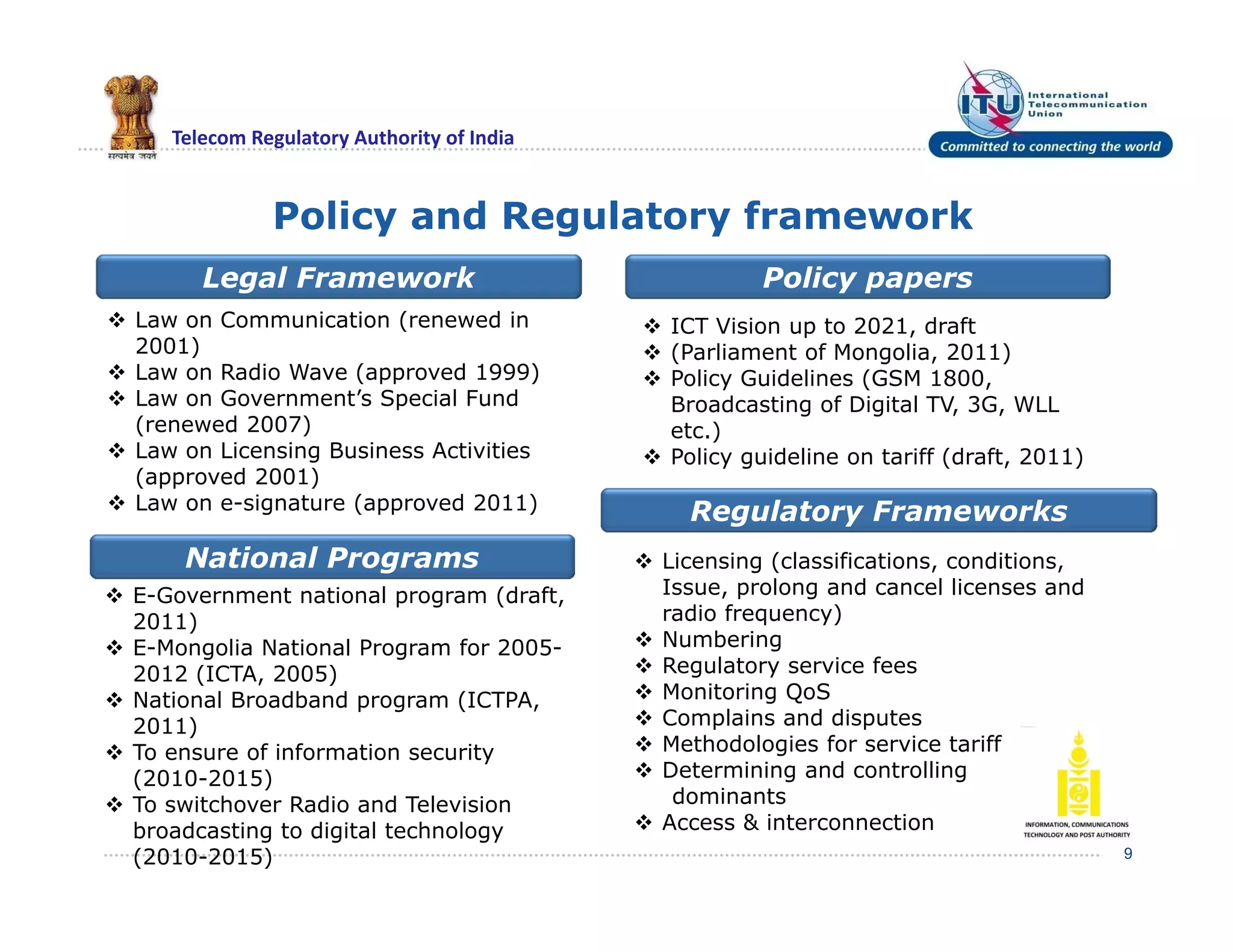 Telecom Regulatory Authority of India
Policy and Regulatory framework
9
 ICT Vision up to 2021, draft
 (Parliament of Mongolia, 2011)
 Policy Guidelines (GSM 1800,
Broadcasting of Digital TV, 3G, WLL
etc.)
 Policy guideline on tariff (draft, 2011)
 Law on Communication (renewed in
2001)
 Law on Radio Wave (approved 1999)
 Law on Government’s Special Fund
(renewed 2007)
 Law on Licensing Business Activities
(approved 2001)
 Law on e-signature (approved 2011)
Policy papersLegal Framework
Regulatory Frameworks
 Licensing (classifications, conditions,
Issue, prolong and cancel licenses and
radio frequency)
 Numbering
 Regulatory service fees
 Monitoring QoS
 Complains and disputes
 Methodologies for service tariff
 Determining and controlling
dominants
 Access & interconnection
National Programs
 E-Government national program (draft,
2011)
 E-Mongolia National Program for 2005-
2012 (ICTA, 2005)
 National Broadband program (ICTPA,
2011)
 To ensure of information security
(2010-2015)
 To switchover Radio and Television
broadcasting to digital technology
(2010-2015)
 