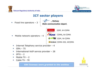 Telecom Regulatory Authority of India
ICT sector players
 Fixed line operators – 3
13
 Mobile network operators – 4
 Internet Telephony service provider – 4
 ISPs – 75
 International VoIP service provider – 28
 IPTV – 2
 Mobile TV – 2
 Cable TV - 70
State communication depart.
, Railway
GSM, W-CDMA
CDMA, W-CDMA
GSM, W-CDMA
CDMA 450, WCDMA
684 licenses were granted to the entities
 