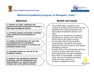 Telecom Regulatory Authority of India
National broadband program of Mongolia /cont/
19
Objectives
1. Creation of a legal, regulatory and
conducive business environment to develop a
high-speed broadband network
2. Increased capacity and quality of existing
urban networks and diversification of
services.
3. Creation of infrastructure for rural area
and establishment of a broadband
infrastructure and services in currently non-
connected remote areas.
4. Increased content on, and use of, the
broadband network.
5. Research into convergence advanced
technology, with the development and
implementation of a national mid-term
strategic plan under global standards.
Benefit and results
• A favorable legal, regulatory and
conducive business environment for the
establishment and development of a
high-speed broadband network will
exist.
• Indicators for Mongolia’s broadband
development (speed, price and use)
will be above the global average.
• No less than 90% of government
organizations, education and health
agencies will have access to high speed
broadband network.
• At least 50% of all households will have
access to cheap triple-play service
access delivered through broadband.
• Over 40% of households in remote
areas and more isolated populated
areas will have access to a
wireless broadband service.
 