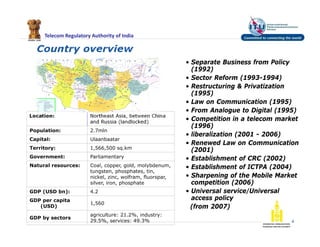 Telecom Regulatory Authority of India
Country overview
4
Location: Northeast Asia, between China
and Russia (landlocked)
Population: 2.7mln
Capital: Ulaanbaatar
Territory: 1,566,500 sq.km
Government: Parliamentary
Natural resources: Coal, copper, gold, molybdenum,
tungsten, phosphates, tin,
nickel, zinc, wolfram, fluorspar,
silver, iron, phosphate
GDP (USD bn): 4.2
GDP per capita
(USD)
1,560
GDP by sectors
agriculture: 21.2%, industry:
29.5%, services: 49.3%
• Separate Business from Policy
(1992)
• Sector Reform (1993-1994)
• Restructuring & Privatization
(1995)
• Law on Communication (1995)
• From Analogue to Digital (1995)
• Competition in a telecom market
(1996)
• liberalization (2001 - 2006)
• Renewed Law on Communication
(2001)
• Establishment of CRC (2002)
• Establishment of ICTPA (2004)
• Sharpening of the Mobile Market
competition (2006)
• Universal service/Universal
access policy
(from 2007)
 