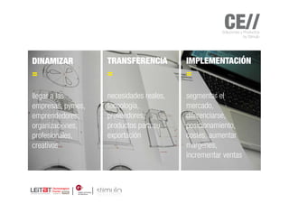 CE//
                                                    Soluciones y Productos
                                                                 by Stimulo




DINAMIZAR          TRANSFERENCIA         IMPLEMENTACIÓN
=                  =                     =

llegar a las       necesidades reales,   segmentar el
empresas, pymes,   tecnología,           mercado,
emprendedores,     proveedores,          diferenciarse,
organizaciones,    productos para su     posicionamiento,
profesionales,     exportación           costes, aumentar
creativos                                margenes,
                                         incrementar ventas
 