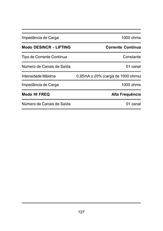 127
Impedância de Carga 1000 ohms
Modo DESINCR - LIFTING Corrente Contínua
Tipo de Corrente Contínua Constante
Número de Canais de Saída 01 canal
Intensidade Máxima 0,95mA ± 20% (carga de 1000 ohms)
Impedância de Carga 1000 ohms
Modo HI FREQ Alta Frequência
Número de Canais de Saída 01 canal
 