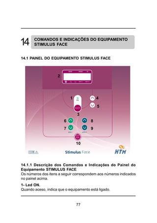 77
14 COMANDOS E INDICAÇÕES DO EQUIPAMENTO
STIMULUS FACE
14.1 PAINEL DO EQUIPAMENTO STIMULUS FACE
3
2
1 4
5
6 8
10
7 9
14.1.1 Descrição dos Comandos e Indicações do Painel do
Equipamento STIMULUS FACE
Os números dos itens a seguir correspondem aos números indicados
no painel acima.
1- Led ON.
Quando aceso, indica que o equipamento está ligado.
 