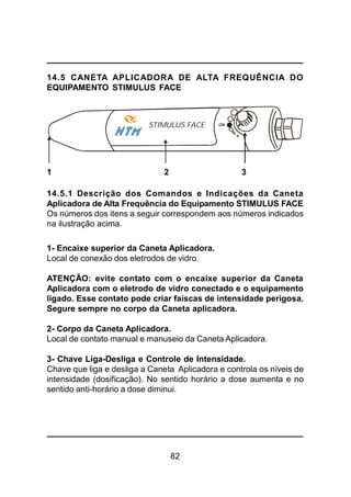 82
14.5.1 Descrição dos Comandos e Indicações da Caneta
Aplicadora de Alta Frequência do Equipamento STIMULUS FACE
Os números dos itens a seguir correspondem aos números indicados
na ilustração acima.
1- Encaixe superior da Caneta Aplicadora.
Local de conexão dos eletrodos de vidro.
ATENÇÃO: evite contato com o encaixe superior da Caneta
Aplicadora com o eletrodo de vidro conectado e o equipamento
ligado. Esse contato pode criar faíscas de intensidade perigosa.
Segure sempre no corpo da Caneta aplicadora.
2- Corpo da Caneta Aplicadora.
Local de contato manual e manuseio da Caneta Aplicadora.
3- Chave Liga-Desliga e Controle de Intensidade.
Chave que liga e desliga a Caneta Aplicadora e controla os níveis de
intensidade (dosificação). No sentido horário a dose aumenta e no
sentido anti-horário a dose diminui.
14.5 CANETA APLICADORA DE ALTA FREQUÊNCIA DO
EQUIPAMENTO STIMULUS FACE
1 2 3
STIMULUS FACE
 