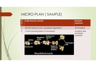 MICRO-PLAN ( SAMPLE)
Sl.
N
o.
Pupil-teacher activity Students
response
1 Tell the name of any unicellular organism? Its Amoeba
2 ( chart showing fission of Amoeba) Students see
and listen
carefully
 