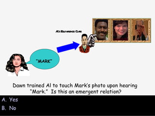 Al’s Equivalence Class Yes No Dawn trained Al to touch Mark’s photo upon hearing “ Mark.”  Is this an emergent relation? “ MARK” 