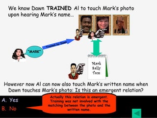 Trained by Dawn Yes No We know Dawn  TRAINED  Al to touch Mark’s photo upon hearing Mark’s name… However now Al can now also touch Mark’s written name when Dawn touches Mark’s photo: Is this an emergent relation? Actually this relation is emergent. Training was not involved with the matching between the photo and the written name. “ MARK” Mark Sally Tom 