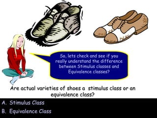 So, lets check and see if you really understand the difference between Stimulus classes and Equivalence classes? Stimulus Class Equivalence Class Are actual varieties of shoes a  stimulus class or an equivalence class? 