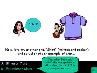 “ Shirt” Stimulus Class Equivalence Class Now, lets try another one. “Shirt” (written and spoken) and actual shirts an example of a/an…   Yes. When Dawn said “shirt” this was symbolic of Al touching the shirt. This is an  equivalence class . 