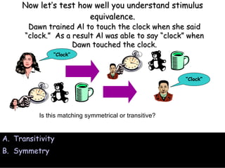 Now let’s test how well you understand stimulus equivalence. Transitivity Symmetry Is this matching symmetrical or transitive? Dawn trained Al to touch the clock when she said “clock.”  As a result Al was able to say “clock” when Dawn touched the clock. “ Clock” “ Clock” 