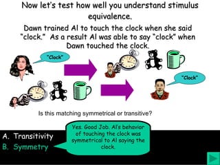 Now let’s test how well you understand stimulus equivalence. Dawn trained Al to touch the clock when she said “clock.”  As a result Al was able to say “clock” when Dawn touched the clock. Transitivity Symmetry Is this matching symmetrical or transitive? Yes. Good Job. Al’s behavior of touching the clock was symmetrical to Al saying the clock. “ Clock” “ Clock” 